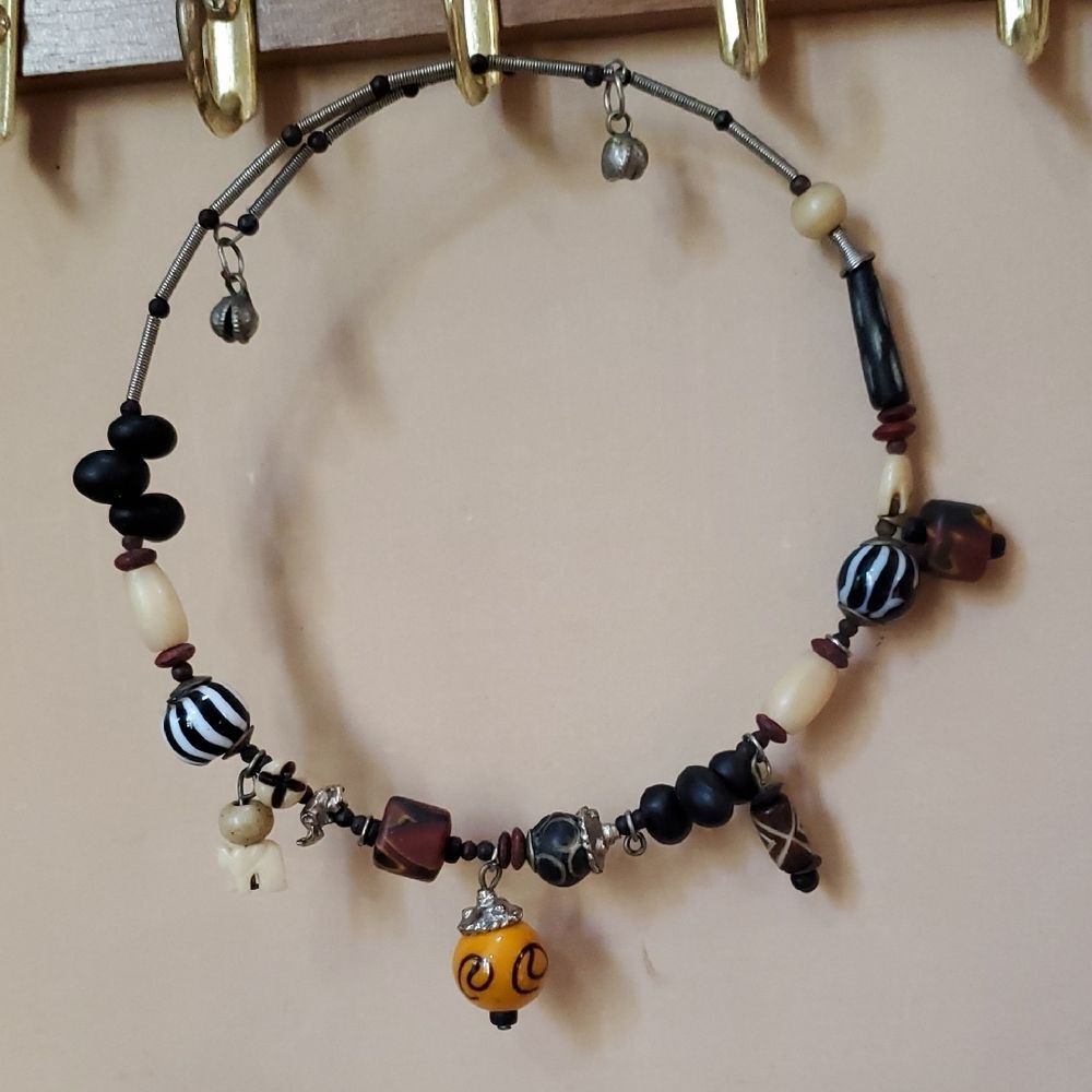 Bohemian Beaded Necklace Choker with Orange and Black Accents Tribal Aztec